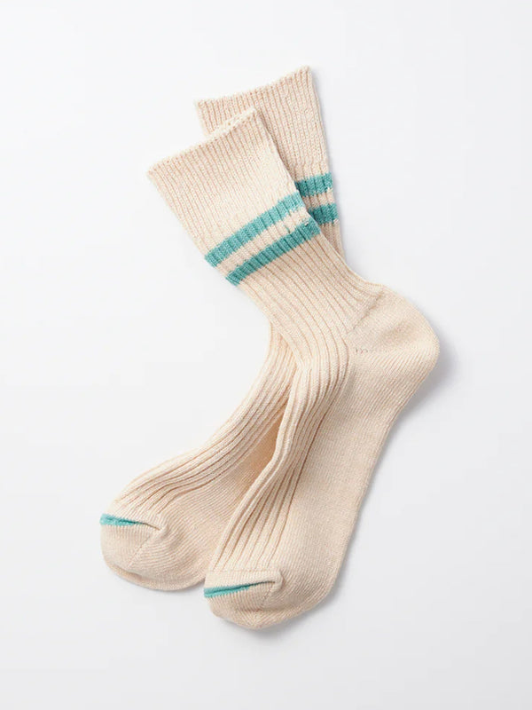 Rototo Organic Stripe Sock in White Sand Turquoise