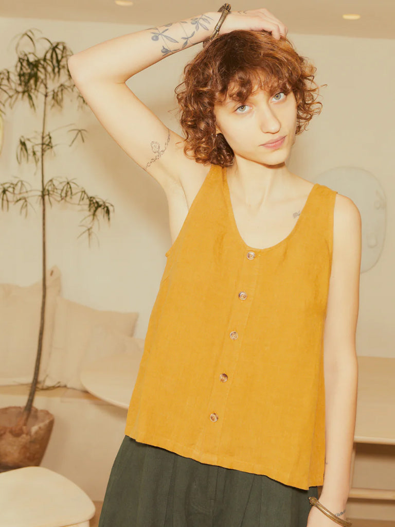 L.F. Markey Linen Button Front Tank in Turmeric – Maze