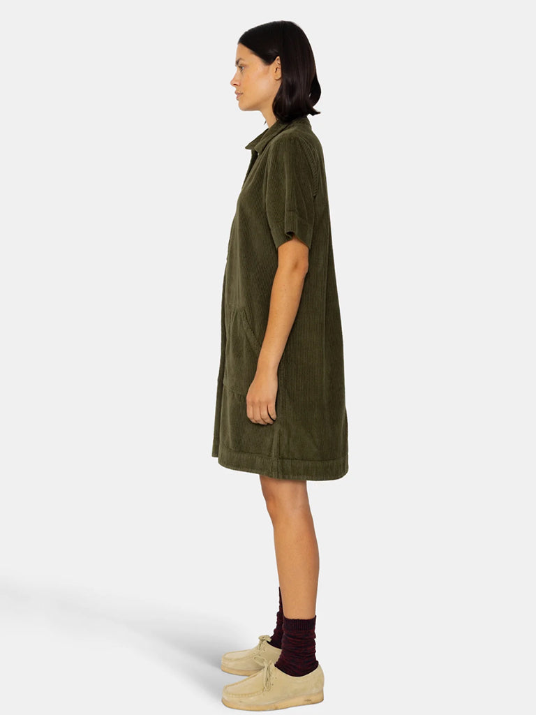 Folk A-Line Zip Dress in Olive Cord