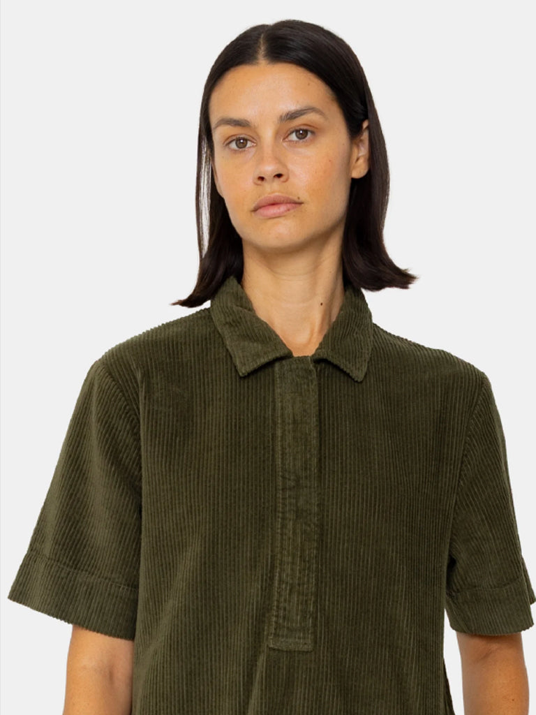 Folk A-Line Zip Dress in Olive Cord