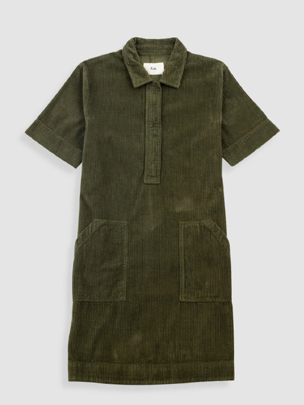 Folk A-Line Zip Dress in Olive Cord