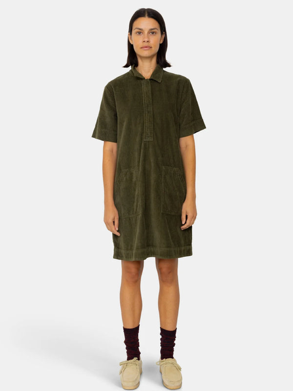 Folk A-Line Zip Dress in Olive Cord
