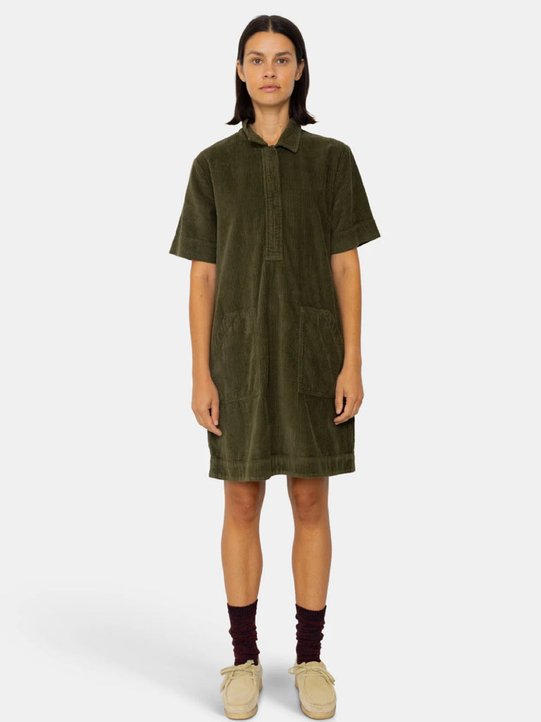 Folk A-Line Zip Dress in Olive Cord