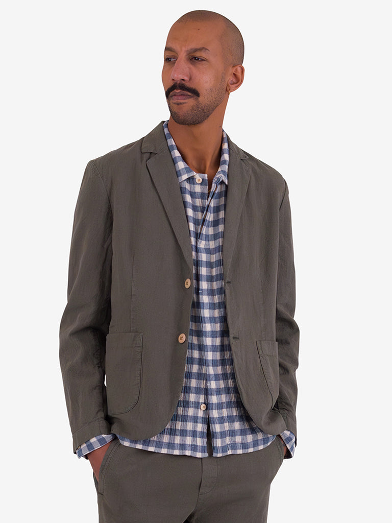 Folk Cotton Linen Blazer in Dark Sage