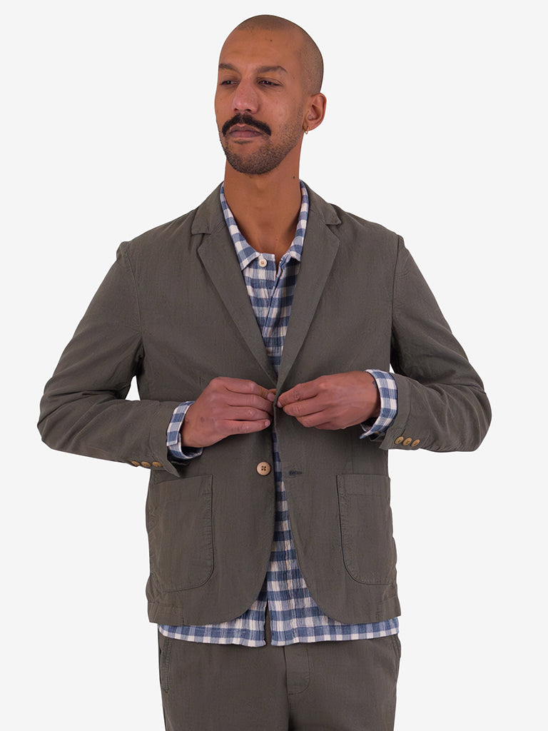 Folk Cotton Linen Blazer in Dark Sage