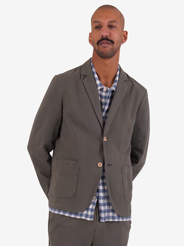 Folk Cotton Linen Blazer in Dark Sage