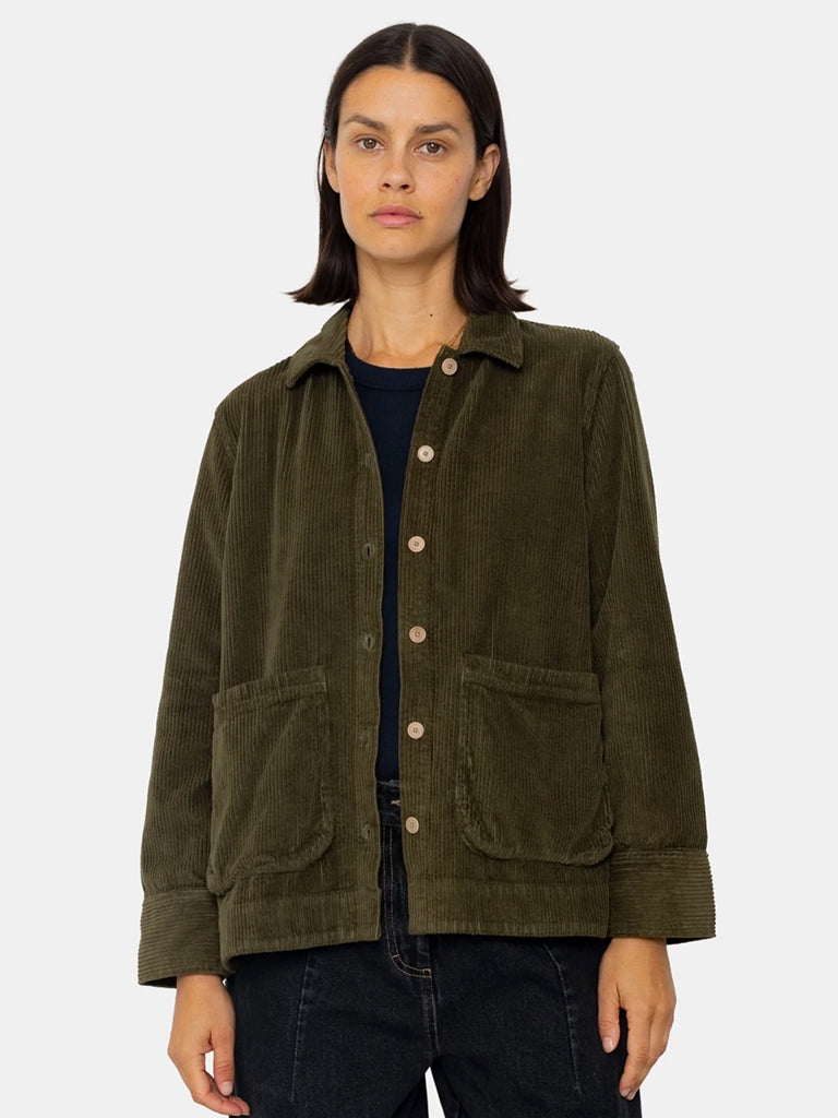 Folk Pleated Shirt in Olive Cord