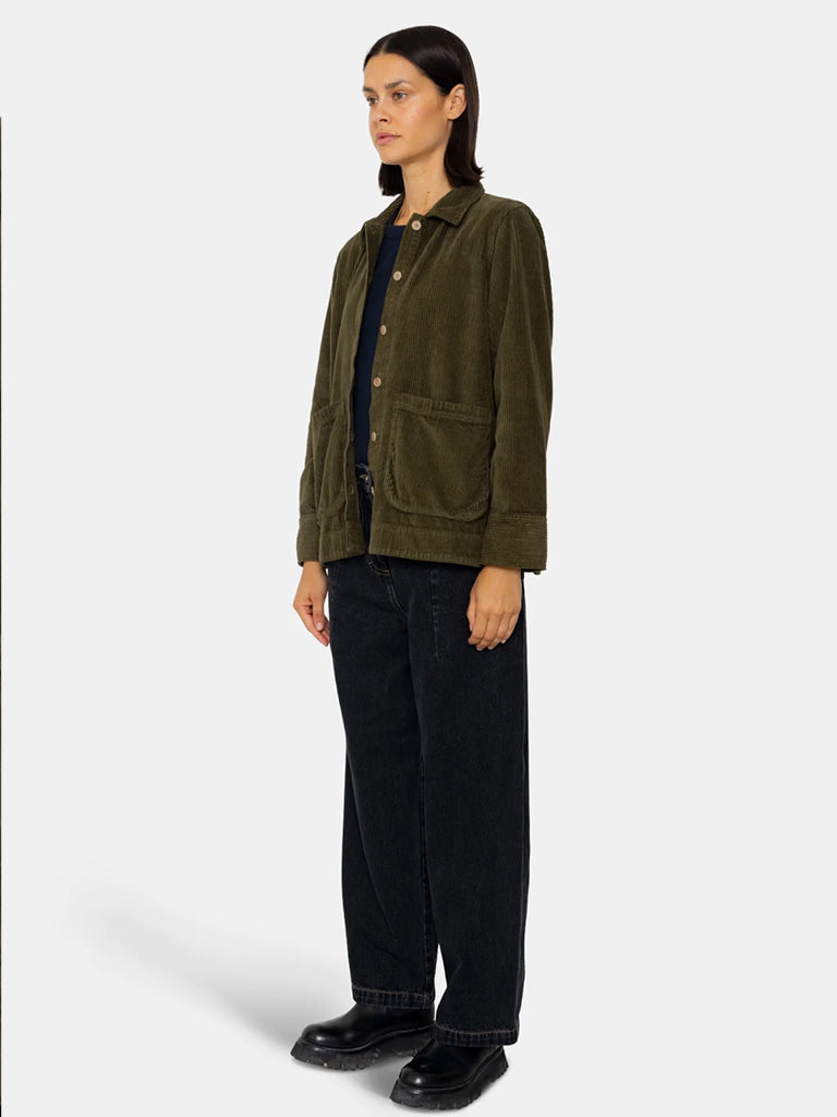 Folk Pleated Shirt in Olive Cord