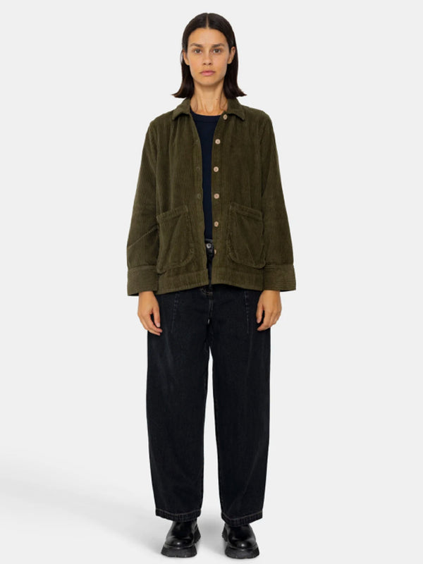 Folk Pleated Shirt in Olive Cord