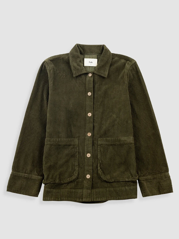 Folk Pleated Shirt in Olive Cord