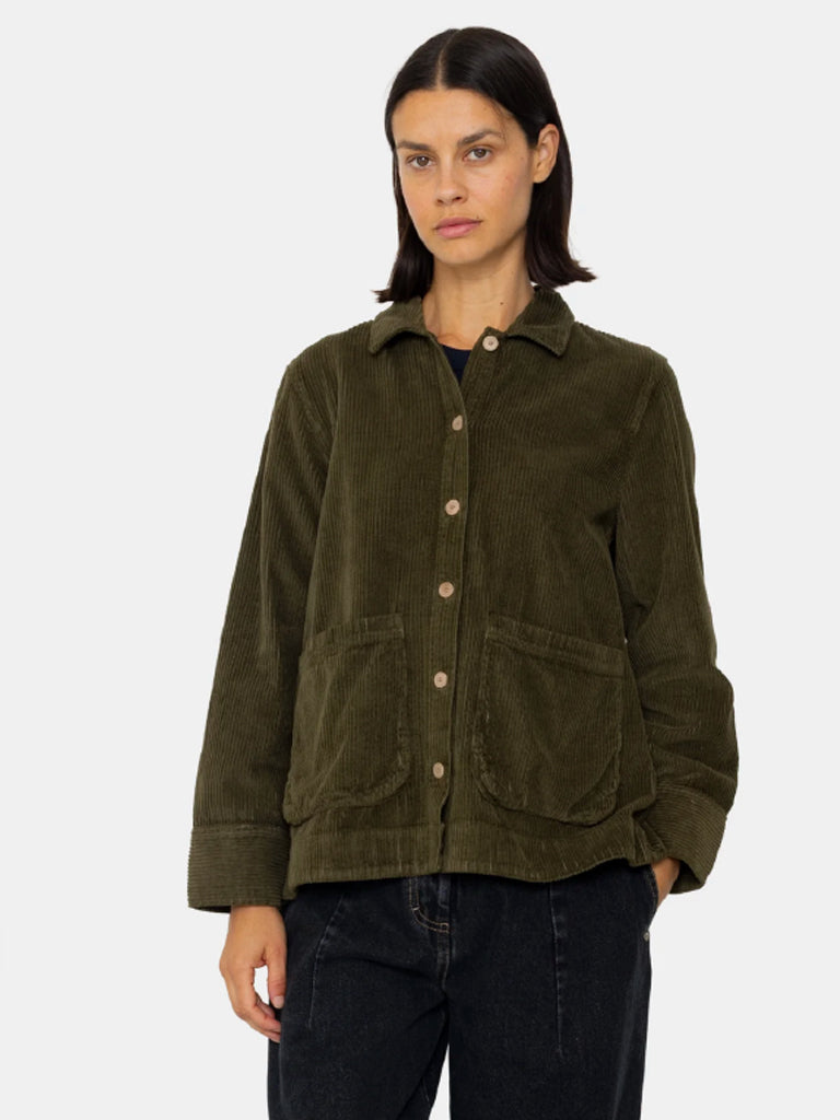 Folk Pleated Shirt in Olive Cord