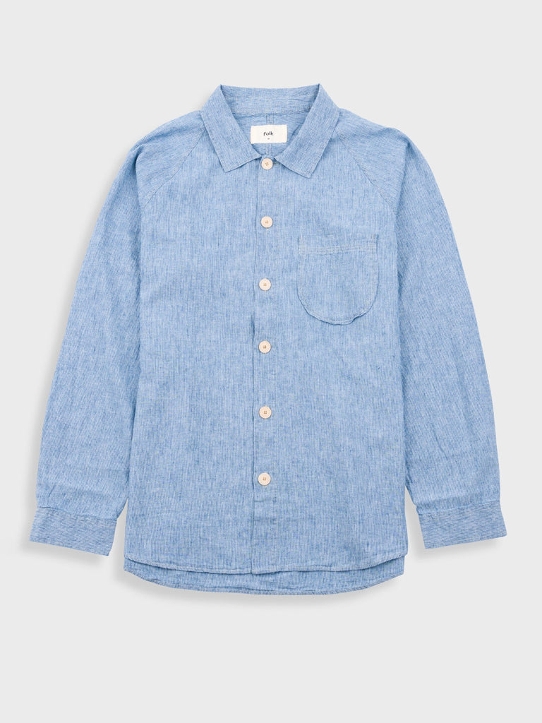 Folk Raglan Shirt in Washed Indigo Stripe