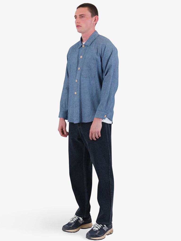 Folk Raglan Shirt in Washed Indigo Stripe