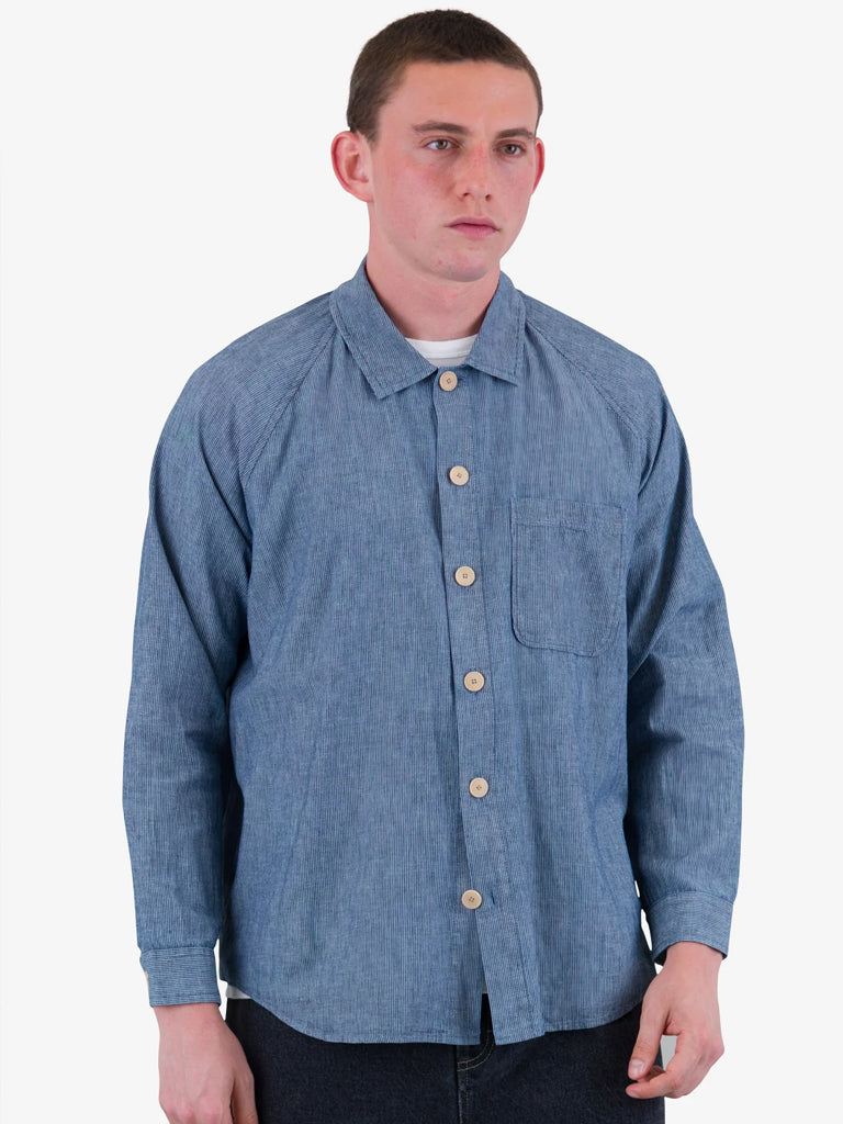 Folk Raglan Shirt in Washed Indigo Stripe