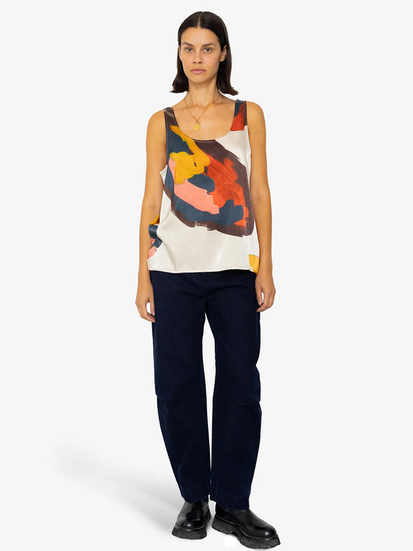 Folk Scoop Back Vest in Impasto Satin Print