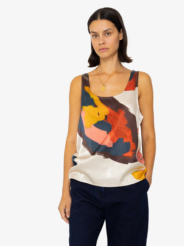 Folk Scoop Back Vest in Impasto Satin Print