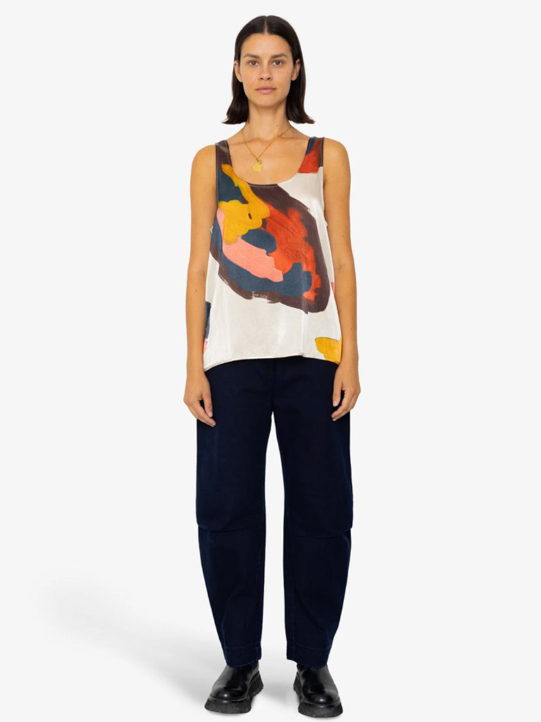 Folk Scoop Back Vest in Impasto Satin Print