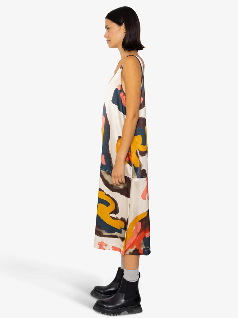 Folk Slip Dress in Impasto Satin Print