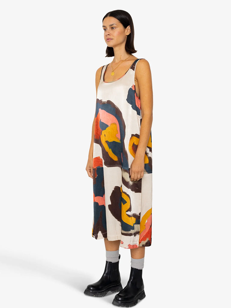 Folk Slip Dress in Impasto Satin Print