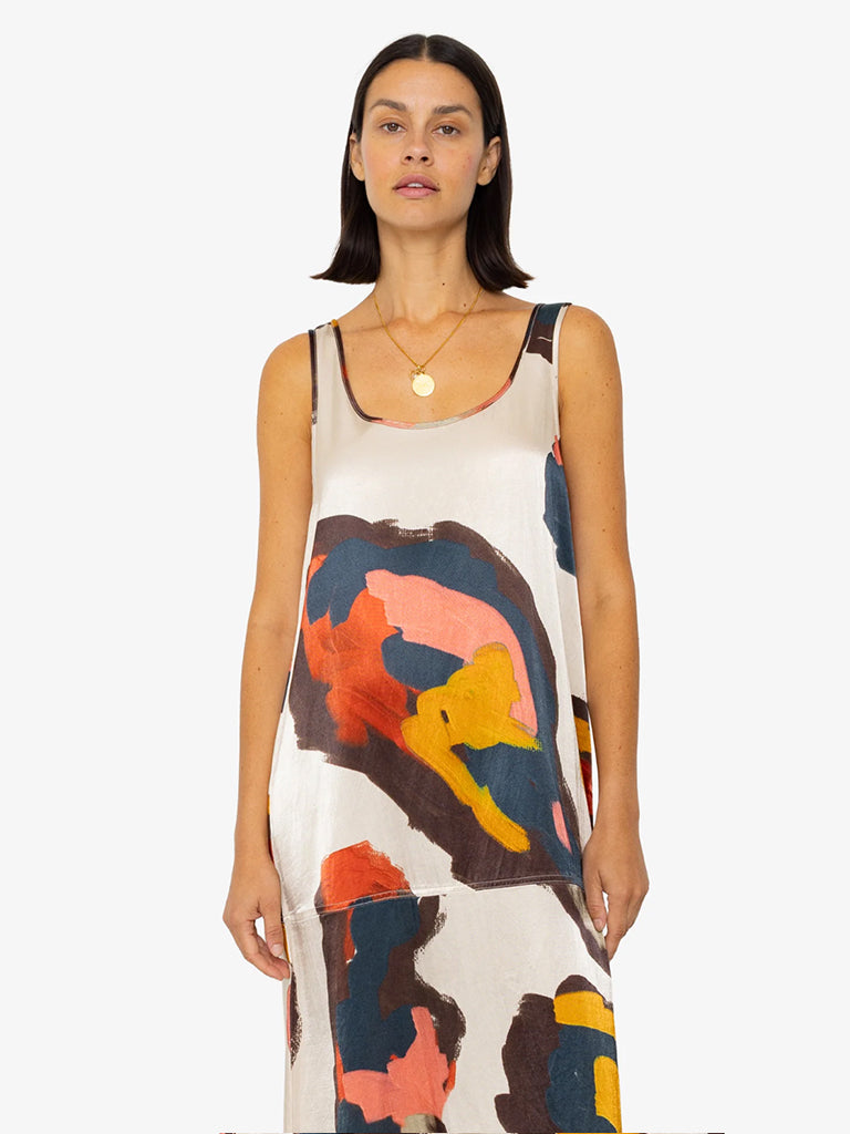 Folk Slip Dress in Impasto Satin Print