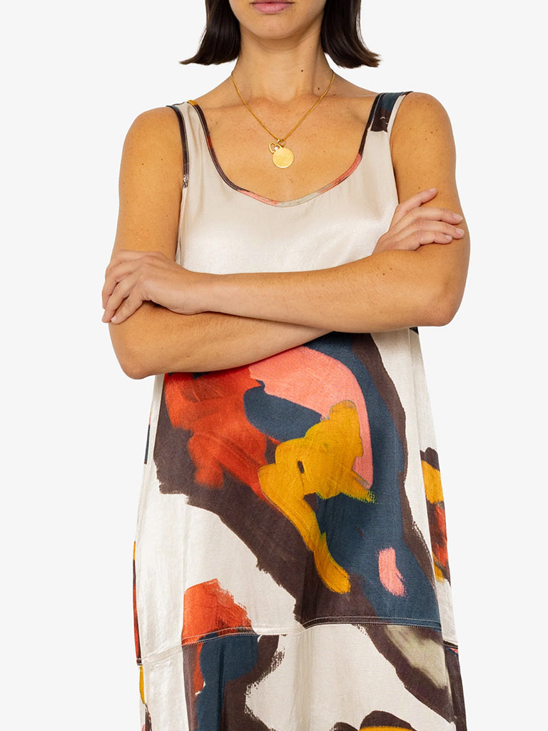 Folk Slip Dress in Impasto Satin Print