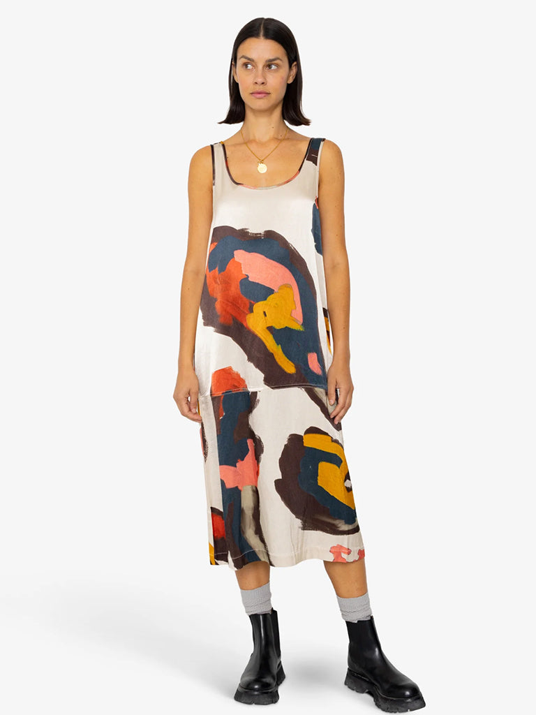 Folk Slip Dress in Impasto Satin Print