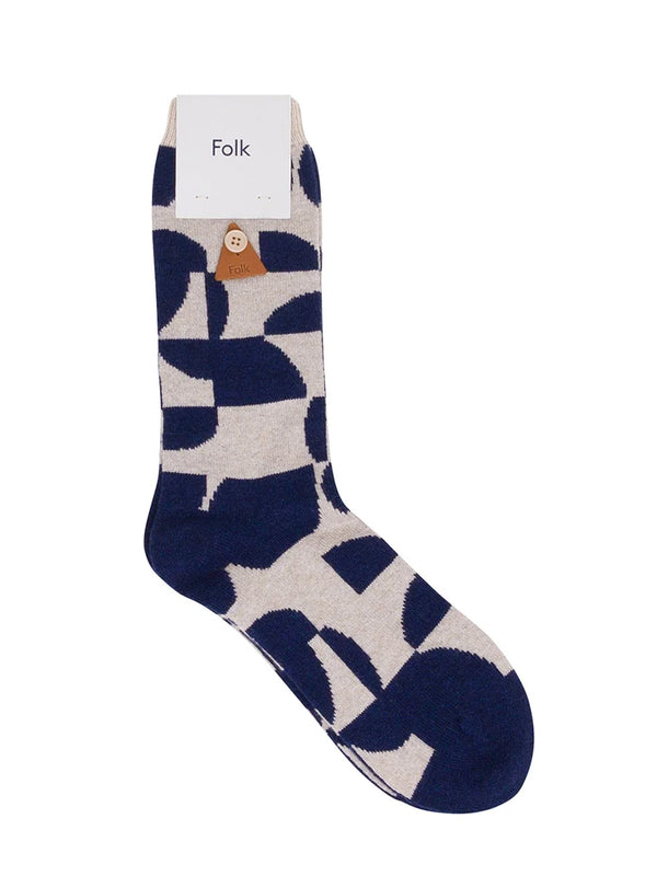 Folk Tile Wool Sock in Mid Navy Tile