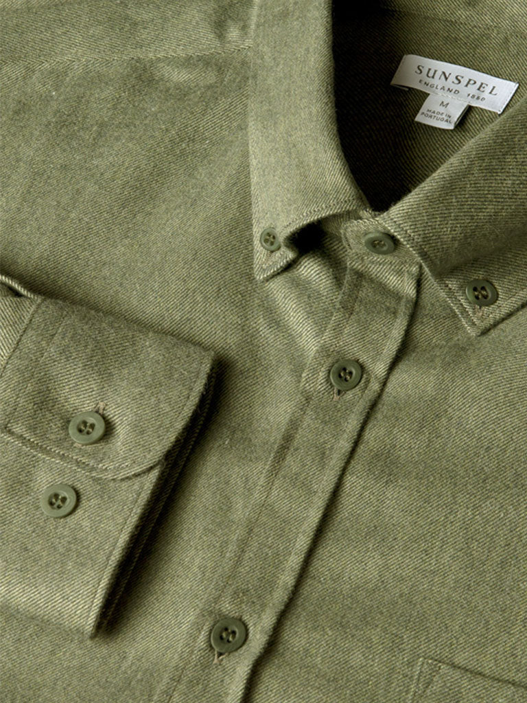 Sunspel Brushed Flannel Shirt in Sea Moss
