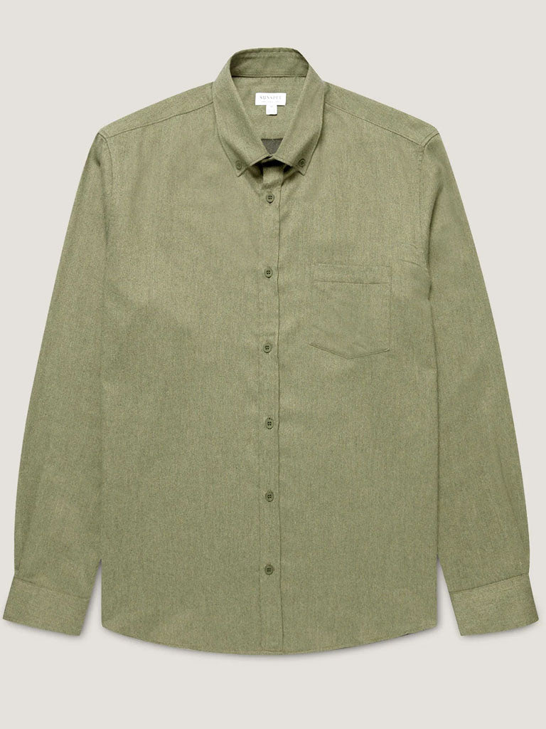 Sunspel Brushed Flannel Shirt in Sea Moss