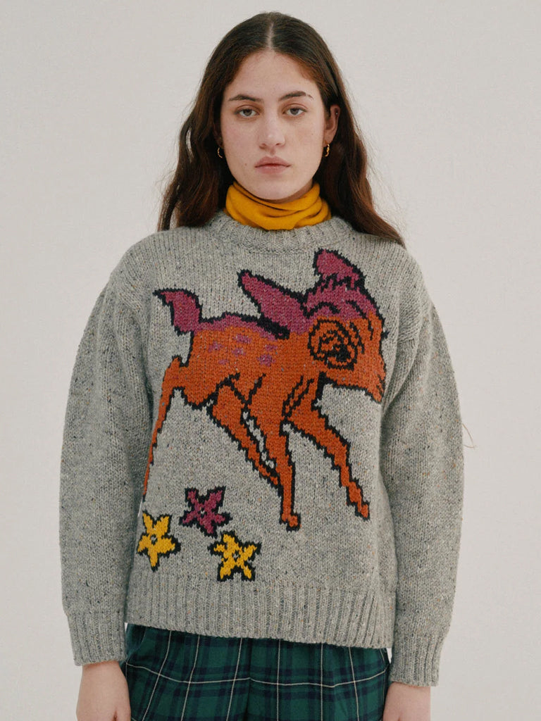 Howlin' Acid Deer Sweater in Grey Intarsia