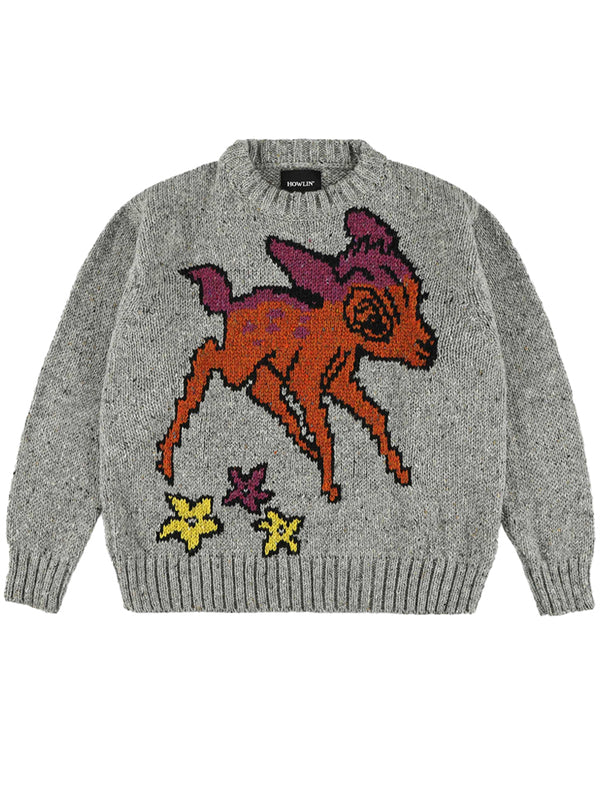 Howlin' Acid Deer Sweater in Grey Intarsia