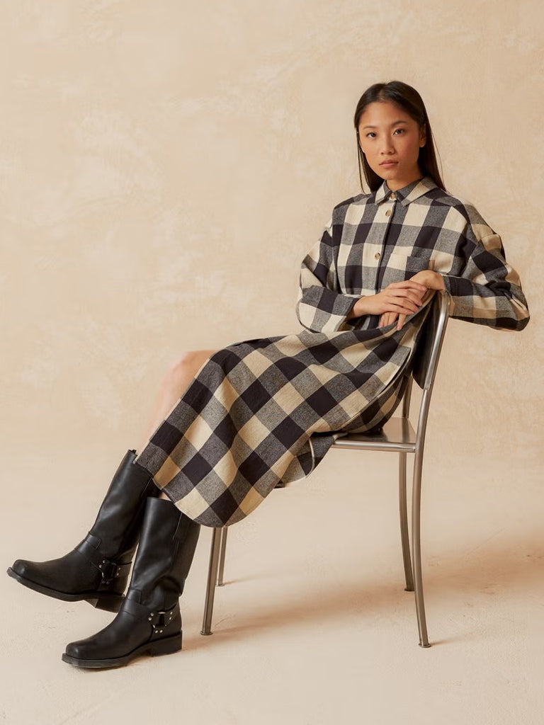 Indi & Cold Check Shirt Dress in Black Stone