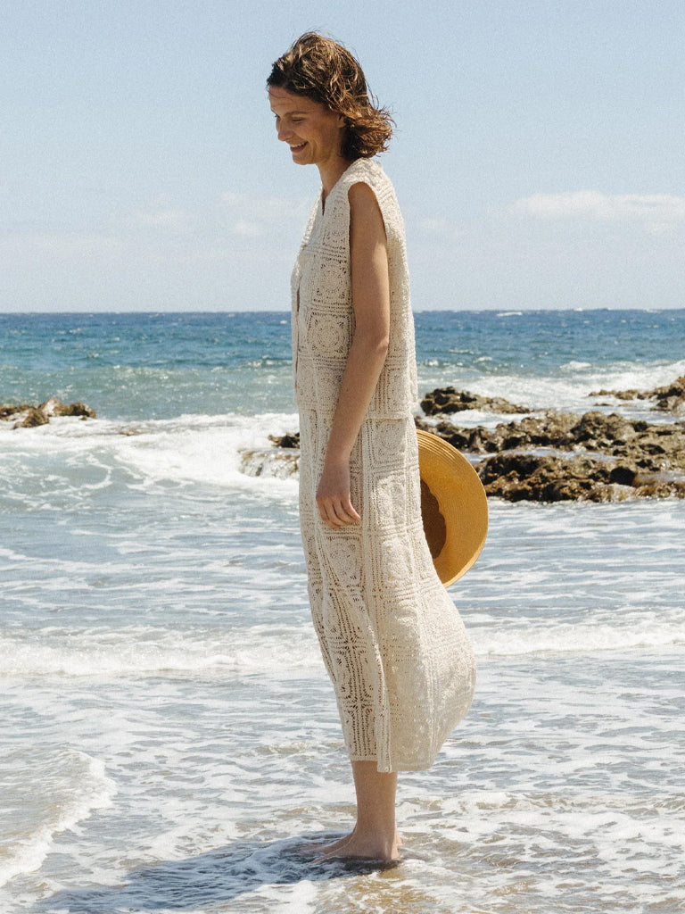 Indi & Cold Crochet Midi Dress in Ecru
