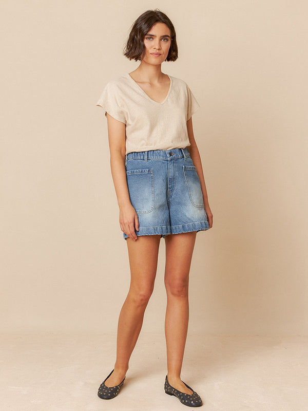 Indi & Cold Denim Shorts in Mid Blue