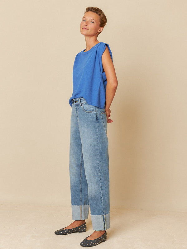 Indi & Cold Linen Pleat T-Shirt in Azul