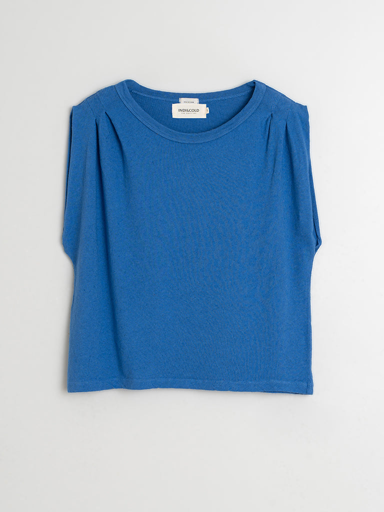 Indi & Cold Linen Pleat T-Shirt in Azul