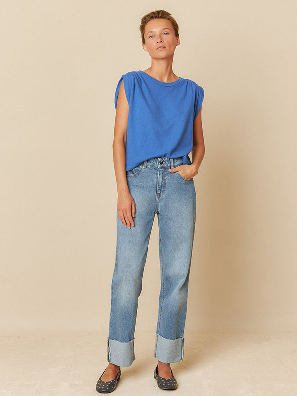 Indi & Cold Linen Pleat T-Shirt in Azul