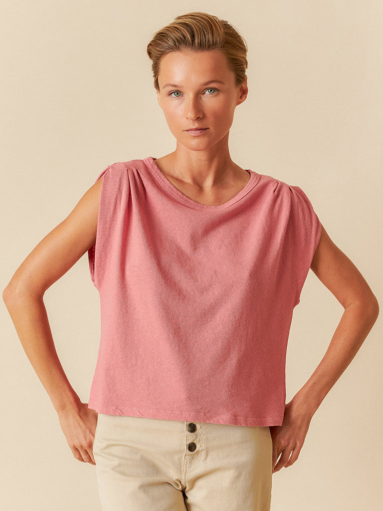 Indi & Cold Linen Pleat T-Shirt in Watermelon