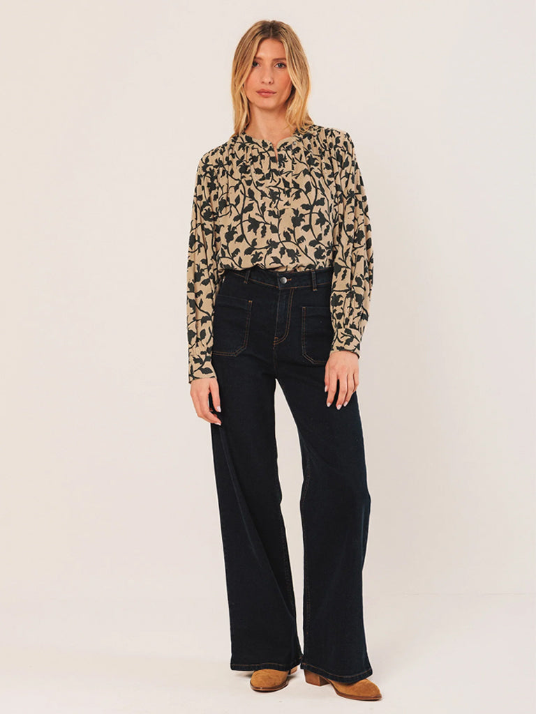 Indi & Cold Mao Collar Blouse in Beige Petrol