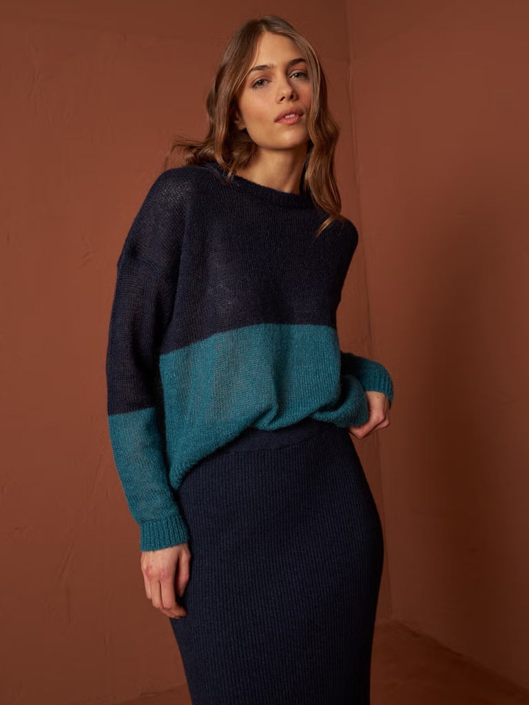 Indi & Cold Two Tone Sweater in Navy