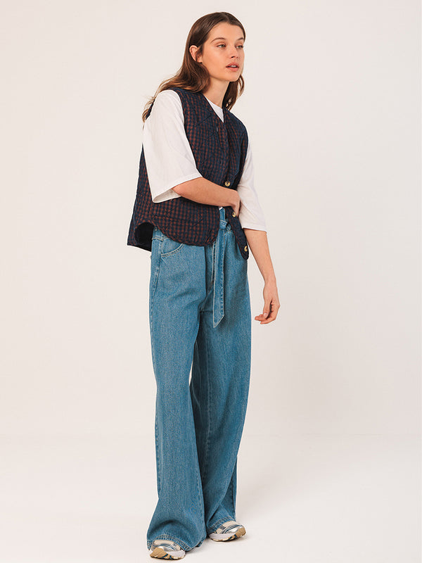 Indi & Cold Vichy Quilted Cord Gilet in Navy