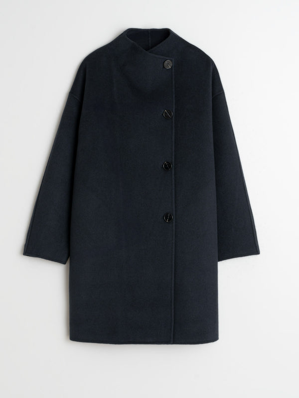 Indi & Cold Asymmetric Wool Coat in Navy