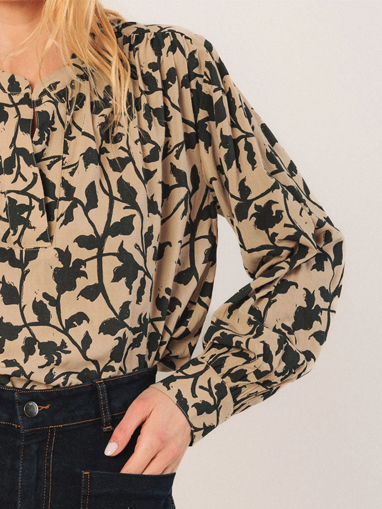 Indi & Cold Mao Collar Blouse in Beige Petrol