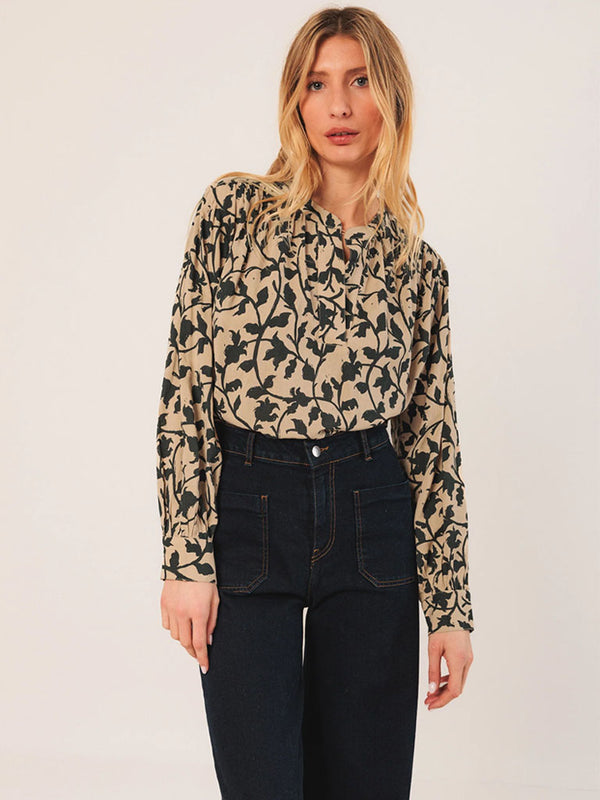 Indi & Cold Mao Collar Blouse in Beige Petrol