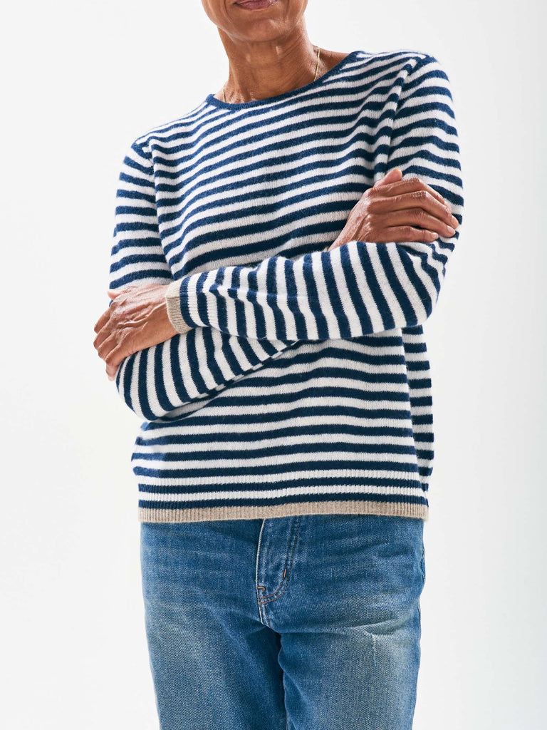 Jumper 1234 Cashmere Tipped Little Stripe Crew in Navy Lily Brown