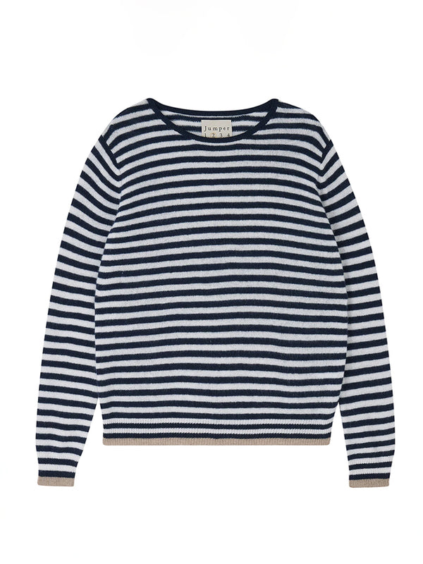 Jumper 1234 Cashmere Tipped Little Stripe Crew in Navy Lily Brown