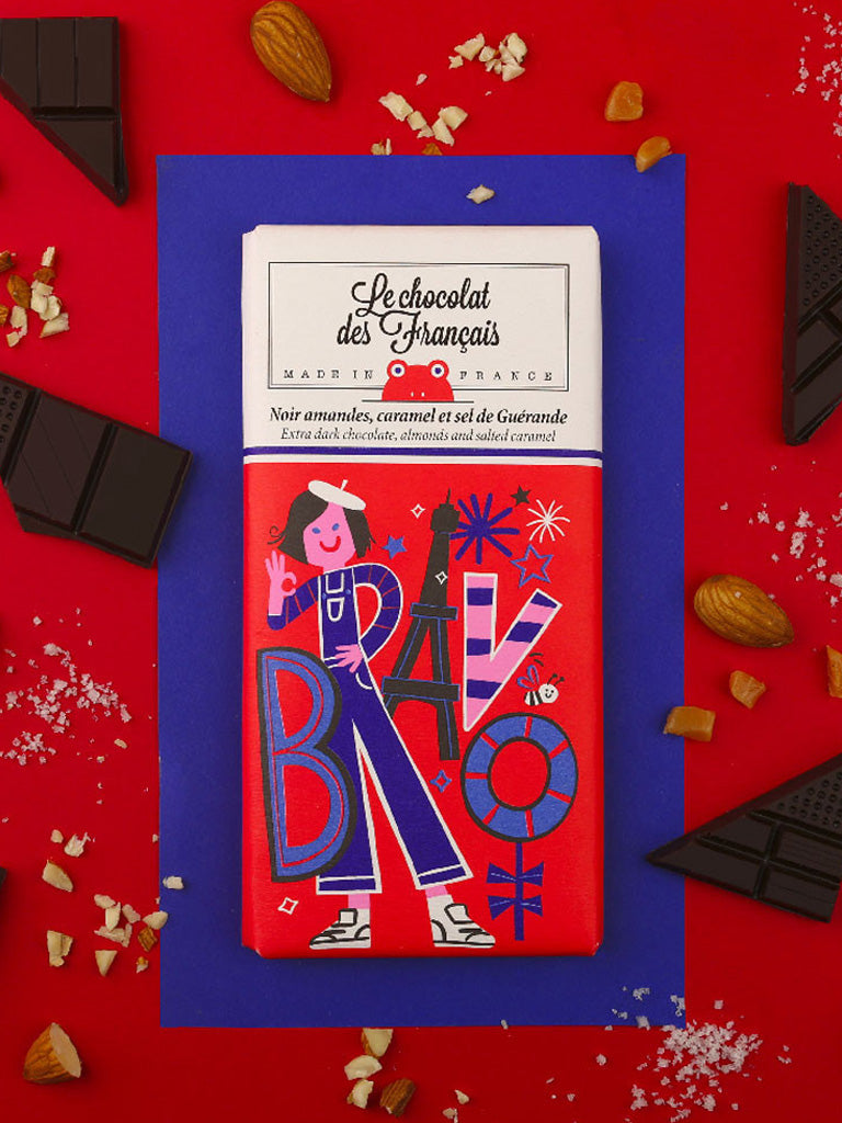 Le Chocolat des Francais Bravo Extra Dark Chocolate, Almond & Salted Caramel Bar
