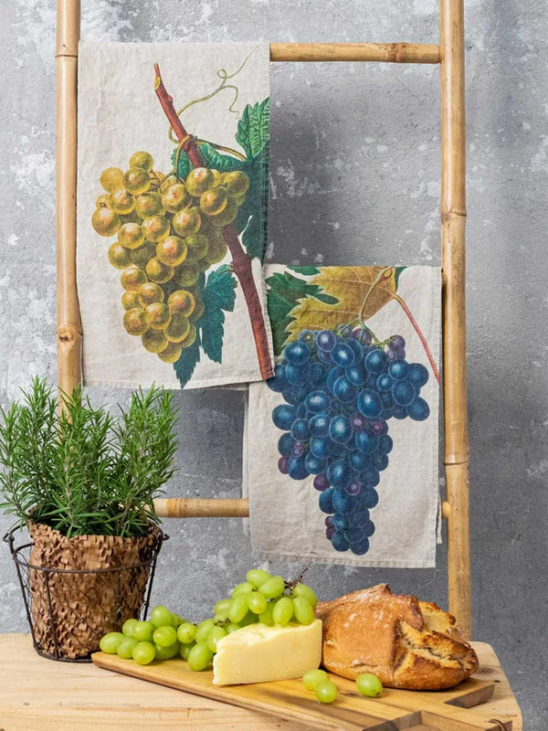 Linoroom Black White Grapes Tea Towels in Natural Linen