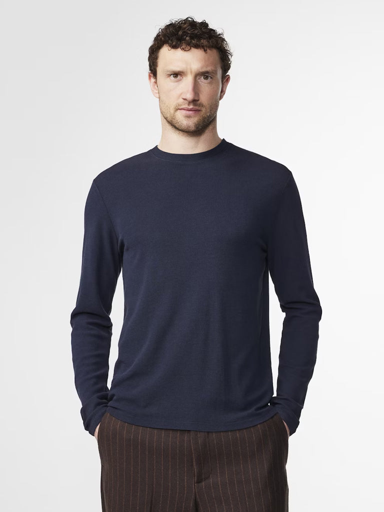 NN07 Clive Waffle Knit T-Shirt in Navy Blue