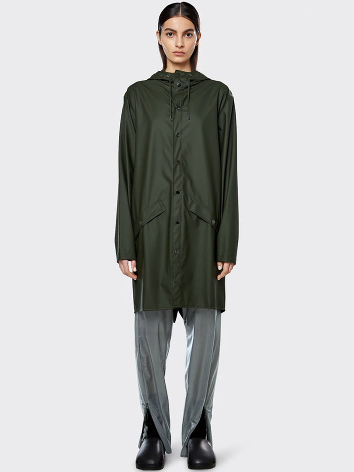 Rains Long Jacket in Green Maze